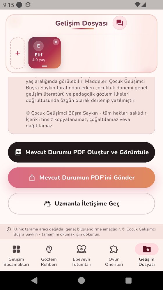 Gelişim Dosyası ekranı: PDF oluşturma ve paylaşma seçenekleri